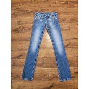 Miss Me Jeans Womens 24 Blue Signature Straight Low Rise Distressed Denim Bling